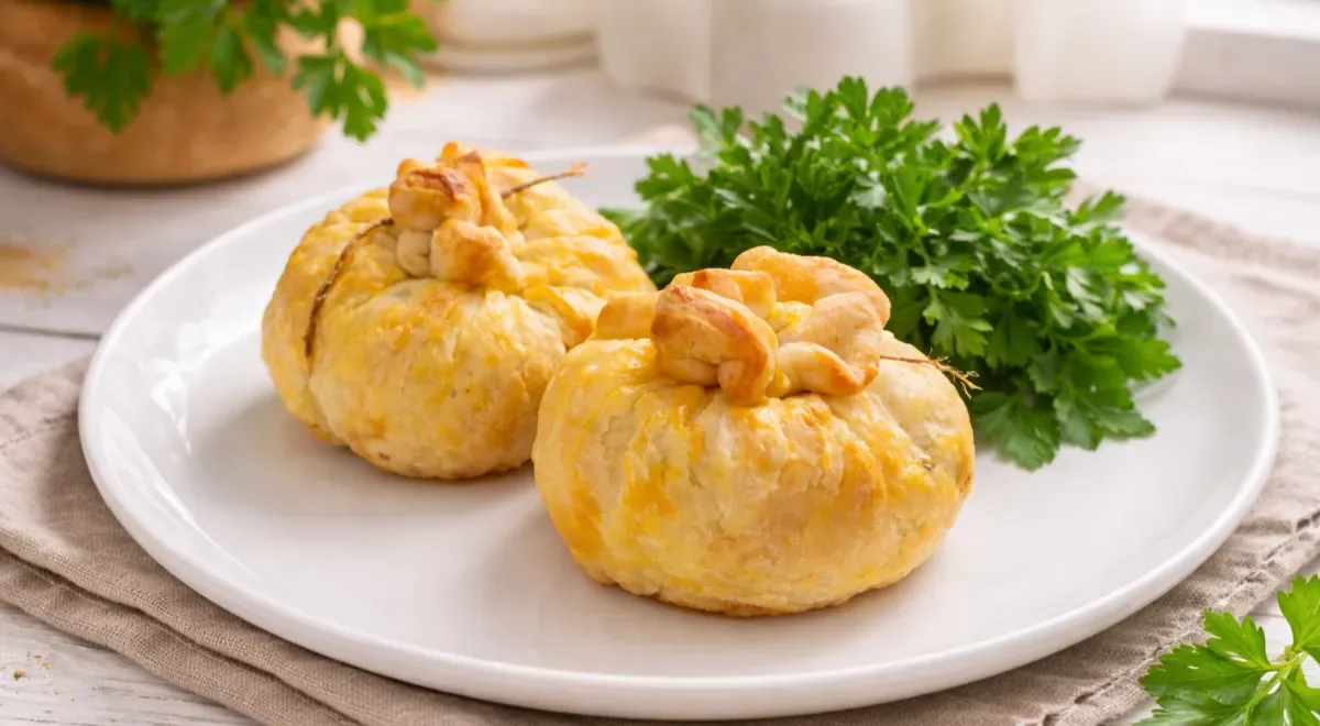 Мешочки из слоеного теста с курицей и грибами