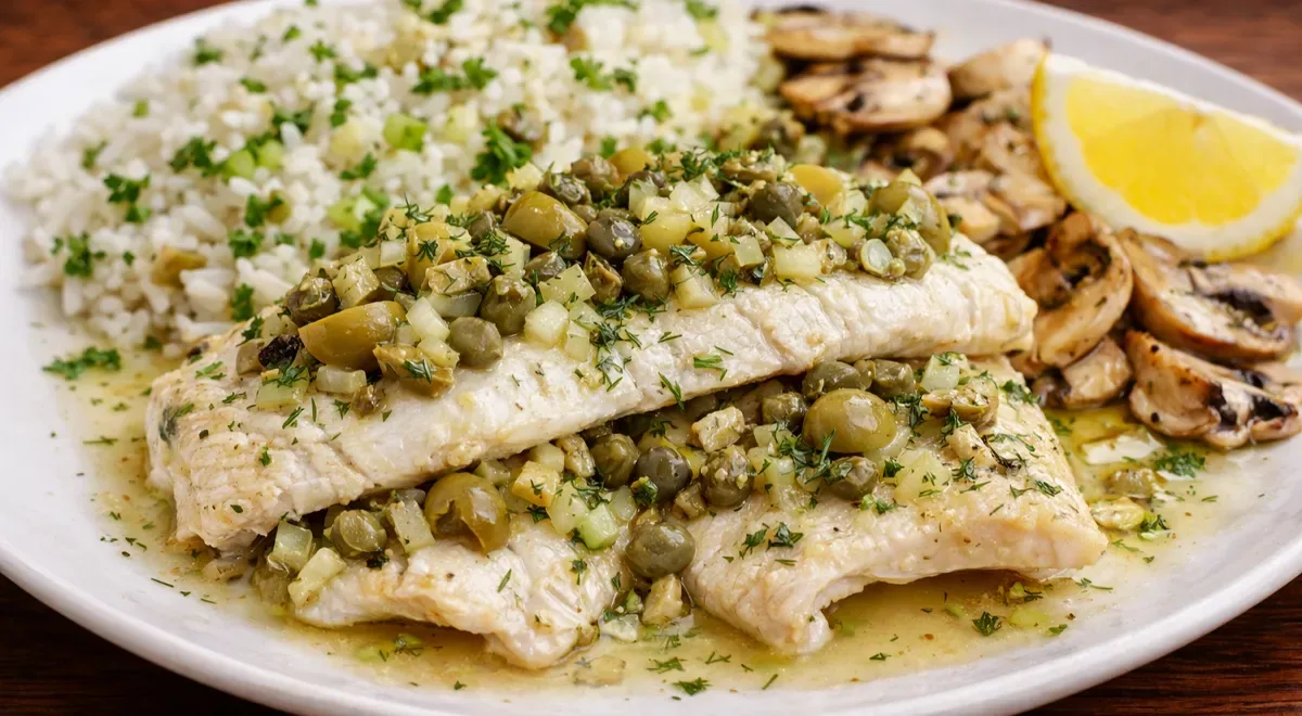 Рыба, запечённая с оливками и каперсами
