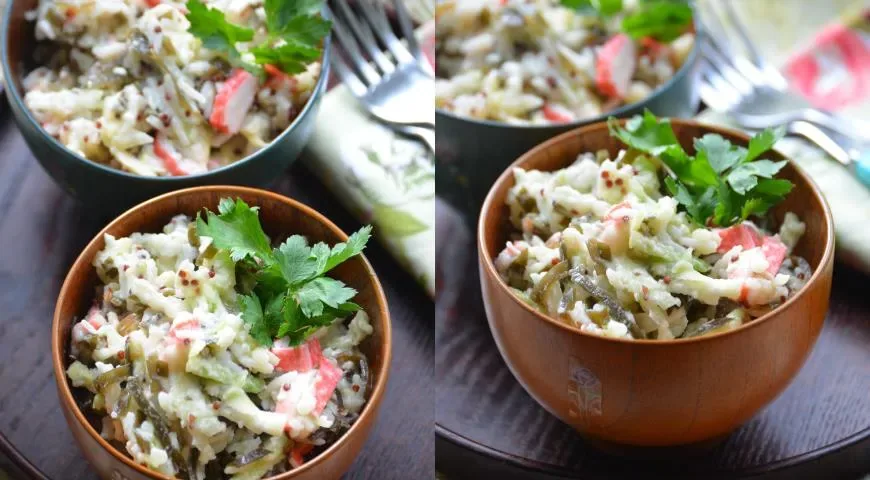Салат из морской капусты с рисом, киноа и крабовыми палочками